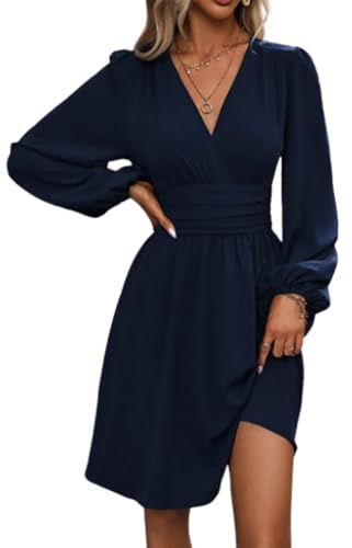 MAFA Vestido a Lunares Manga Larga para Mujer Vestido Corto Casual con Cuello en V Floral Vestidos Playa con Dobladillo con Volantes Y Cintura Elástica c-Azul XXL