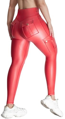 Nuofengkudu Fejk-läder cargoleggings med fickor för kvinnor, hög midja, magkontroll, vindskydd, gym, löpning, sportbyxor, push-up rumplyft, stretch, mjuk, fitness, träningsbyxor, Röd, XXL