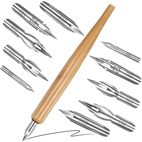 Piriuuo 11 Pack Dip Pen Set Comic Pen Nib Set Oblique Calligraphy Dip Pen Set Stainless Steel Pen Nib with Wooden Drawing Pen Holder for Writing Painting Signing