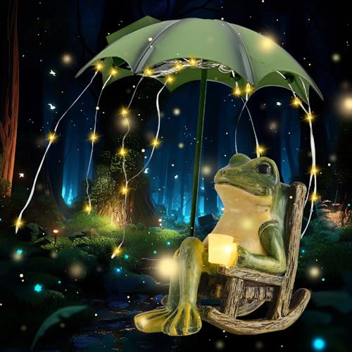 SGZIOO Rana decorativa per esterni, decorazione da giardino, rana solare, decorazione da giardino con catena luminosa impermeabile, ombrello divertente rana, statua di animali da giardino per terrazze