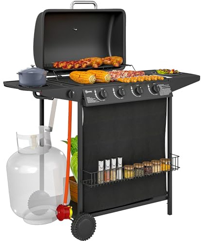 Outsunny 4+1 Burner Gas BBQ Grill, Portable Gas Barbecue Grill with Built-in Thermometer, Lid, Side Table, Shelf, Spice Rack, Wheels, Grease Cup for Garden Party Outdoor Cooking, Black