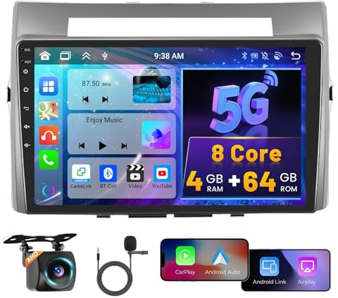 8 Core 4G+64G Hikity Android Autoradio per Toyota Corolla Verso AR10 2004-2009 con Carplay Android Auto, 9 Pollici IPS Touch Screen con Navigatore GPS Bluetooth WiFi FM/RDS DSP Retrocamera
