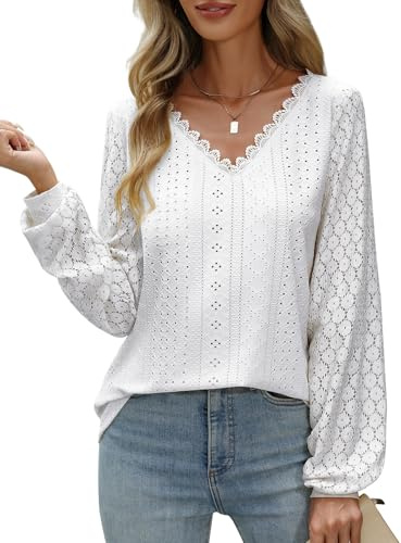 CMTOP Chemisier Femme Chemise Manche Longue en Dentelle Blouse Col en V Haut Chic et Elégant Tops Chemisiers Florale Festonnée Tunique Casual Amples