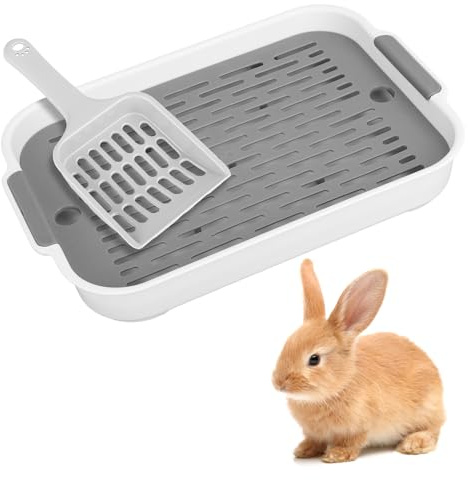 Litière pour lapin, avec pelle, avec grille, grise, 27 x 18 x 4 cm, accessoire de toilette, pour petits animaux, lapins, cochons d'Inde, rongeurs