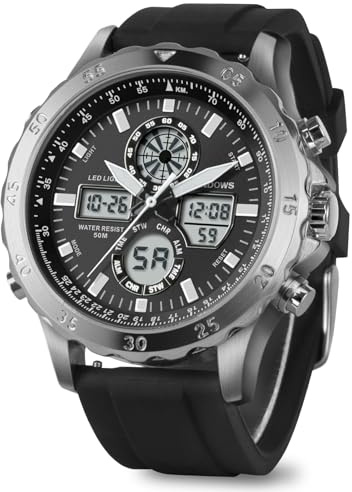 PINDOWS Mens Digital Analog Watch, Multifunction Sport Casual | Dual time display, bright night backlight, daily alarm, precision stopwatch, and splash-proof construction