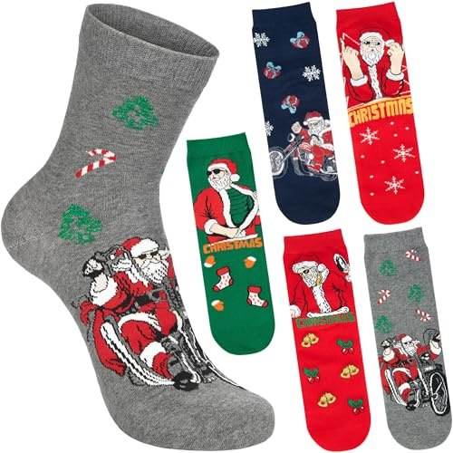 BRUBAKER 5 Paar Weihnachtssocken - Cool Santa - Weihnachtsmann Biker auf Motorrad & Rapper - Lustige Herren Socken Weihnachten - Bunte Baumwollsocken - Geschenk für Männer - Größe 41-45