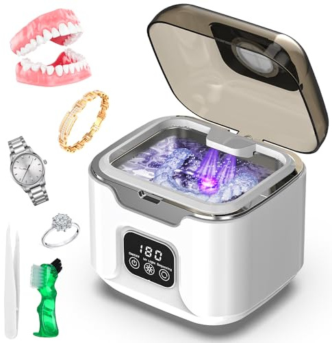 Triler Ultrasonic Retainer Cleaner Portable 48kHz Ultrasonic Cleaning Machine with 240ml Capacity, Digital Mouth Guard Cleaner with Timer for Denture, Aligner, Jewelry (White)