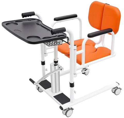 Elevador hidráulico para el hogar, silla de transferencia y silla de ruedas de transporte con altura ajustable de 30 a 46 cm, incluye mesa y silla de inodoro, hasta 150 kg, para personas mayores y