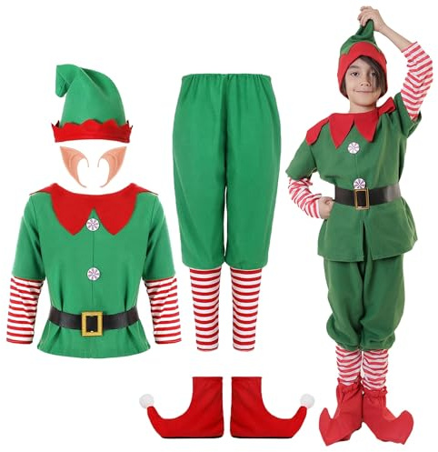 Carnavalife Disfraz Elfo Duende Navidad, Christmas costume, Conjunto Navidad Adulto y Niños, Traje Ayudante Papanoel (Disfraz Elfo Niño, 13-15 años)