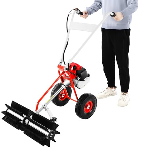 Sopmaskin, bensin, 1,25 kW (43 CC 1,7 PS) sopborste motorkvast handdriven driven encylinder luftkylare med hjul, 2-takts gräsklippare för gräs, snö, rengöring, gräsmatta