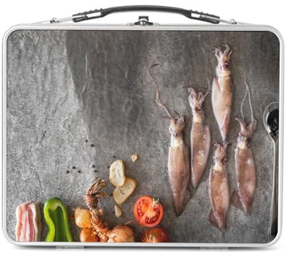Lunch Box Métal Argenté pour Sandwich et Snack - Cuisine Espagnole Art Culinaire Art De La Table Seiche Plancha Tradition - Boîte à Goûter Aluminium Gamelle Rigide Style Rétro Imprimée en France