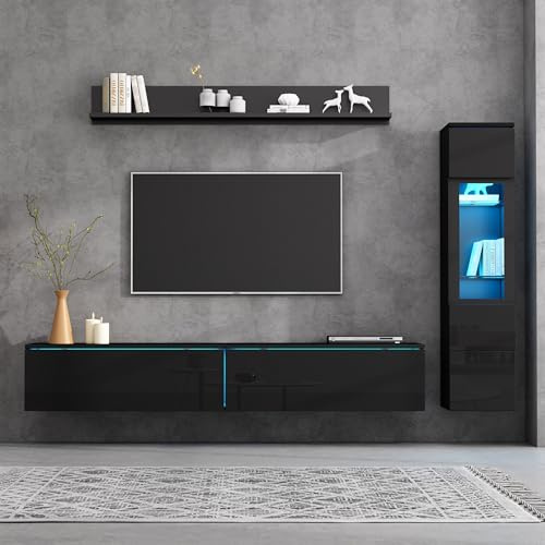 Kebnor Set da parete per TV, 3 pezzi, illuminazione a LED, colore nero lucido, set di mobili da soggiorno, parete frontale nero, 1 armadio TV, 1 vetrina per soggiorno, 1 mensola sospesa, TV fino a 80