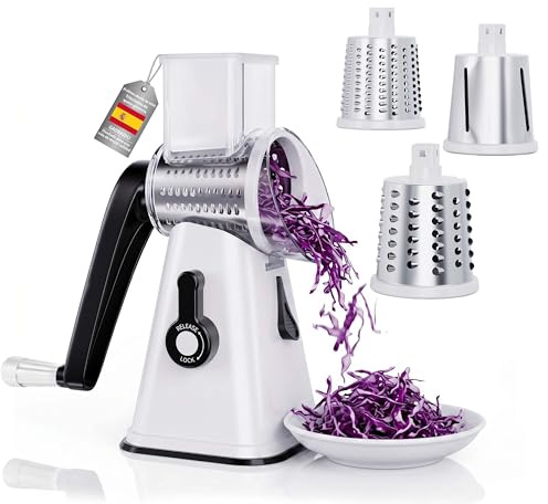 Rallador de queso giratorio manual,cortador de patatas,Artefacto de Picar Cocina con 3 Acero Inoxidable Cuchillas de Tambor para queso，verduras, nueces, patatas, zanahorias (Blancas)