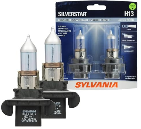 SYLVANIA - H13 SilverStar - High Performance Halogen Headlight Bulb, High Beam, Low Beam and Fog Replacement Bulb, Brighter Downroad with Whiter Light (Contains 2 Bulbs)