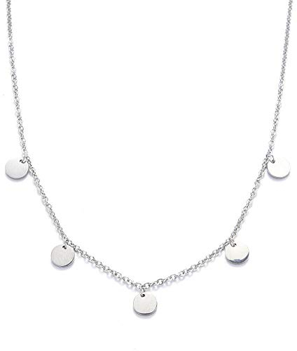 Kim Johanson Edelstahl Damen Halskette *Coin* in Silber mit 5 runden Plättchen Boho Schmuck Kette verstellbar inkl. Schmuckbeutel