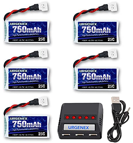 URGENEX 3.7V Lipo Battery 750mAh 25C 5 Pack Lipo Batteries with Molex Plug 5 in 1 Charger for Syma X5 X5A X5SW X5C X5C1 RC Quadcopter Drone Spare Parts