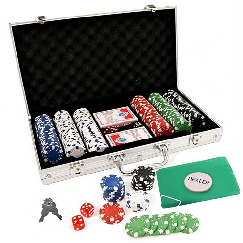 Aspect Texas Holdem Poker Set, 300 Piece Set in Aluminium Case with 11.5g Heavyweight Chips,1 Sided Poker Mat, 2 Decks of Playing Cards Dealer Big Blind, Small Blind Buttons,5 Dice