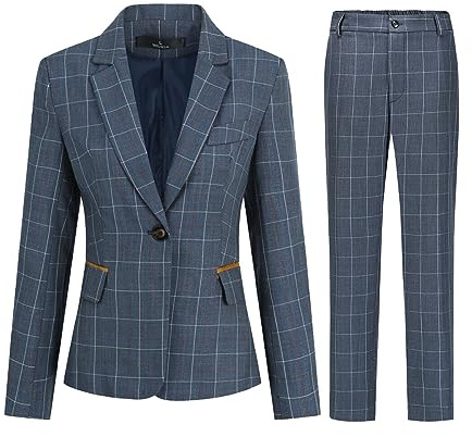 YUNCLOS Tailleur Femme 2 pièces Slim Fit Chic Veste Bureau Travail Blazer Pantalons Constume Ensemble à Carreaux,Bleu,XL