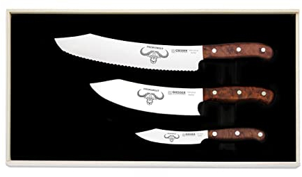 3er Set Kochmesser Brotmesser Universalmesser Gemüsemesser Küchenmesser Fleischmesser Allzweckmesser scharfes Messer Giesser PremiumCut Set No. III Tree of Life BBQ Thuja Wurzelholz Spezialstahl braun