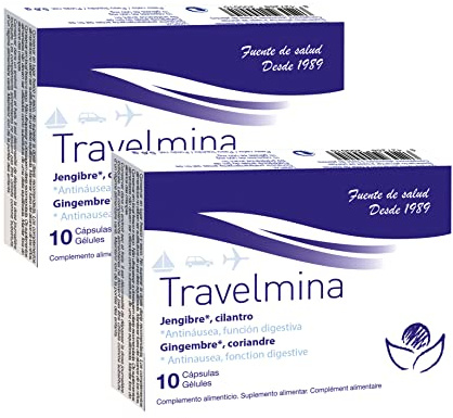 PACK 2 Travelmina 10 cápsulas - Herbetom Bioserum | Complemento alimenticio con jengibre y cilantro | Antináuseas | Función digestiva | Mareos por traslación (medios de transporte)