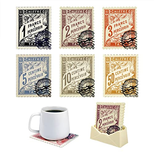 MEDOYOH Set of 6 Silicone Stamp Coasters with Holder, Funny Drinks Coasters for Coffee, Beer, Wine Glasses, Home, Pub, Bar, Cafe