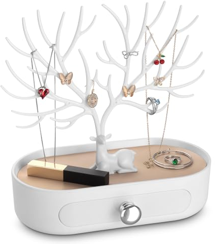 penobon Geweih Schmuckständer mit Schublade, Schmuckbaum für Ohrringe, Halsketten, Armbänder und Ringe, Kunststoff, Versilberter Griff