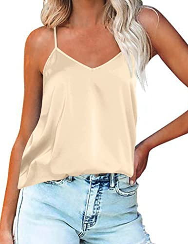 Ekouaer Dam satin linne linne silke cami camisole undertröjor spagettiremmar v-ringad basic tankar justerbar rem, S–XXL, 1 st ljusbrun, S