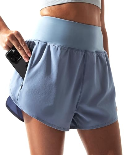 BebreezChic Sporthose Kurz Damen Shorts Sport Damen Sommer Running Gym Yoga 2 in 1 Schnell Trocknend Fitness Shorts Jogging Training High Waist Atmungsaktiv, Grau Blau, M