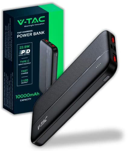 V-TAC Power Bank 10000 mAh con Carga Rápida PD 22.5W - Cargador Portatil - Batería Externa Delgada con Puerta USB Type-C y 2 Puertas USB-A - Compatible iPhone, iPad, Samsung, iPad, Xiaomi - Negro