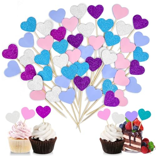 Alethron Muffin Deko, 50 Stück Herzen Cupcake Deko Mehrfarbig Glitter Cupcake Topper Hochzeit Herzen Muffin Topper Geburtstag für Ice-Cream Party Dekoration