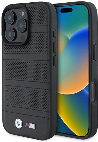 CG Mobile BMW HC M Handyhülle entworfen für iPhone 16 Pro, langlebig, stoßfest, kompatibel mit Magsafe, PU-perforierte und genähte Linien, Schwarz