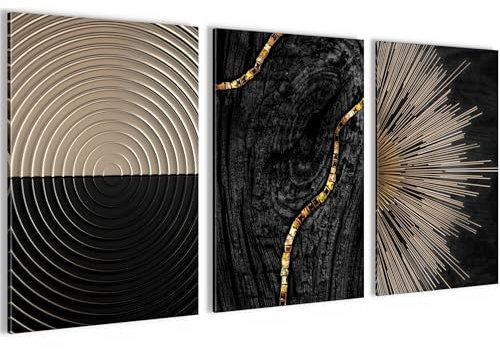 Novart Bilder Set Abstrakte Figuren - Kein Extra Rahmen benötigt - Wandbilder für Wohnzimmer Schlafzimmer Flur - 3 Teilig Deko Schwarz Gold - N035236a