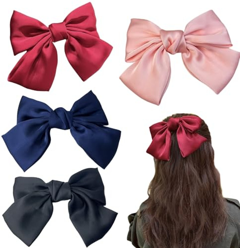 Hårklämmor av satin med fluga (röd, blå, svart, rosa) – anka näbb hårklämma – eleganta hårtillbehör för flickor, 4 stycken