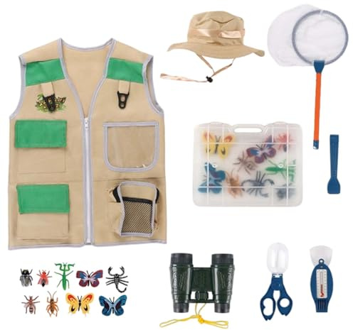 Kit Exploration Enfant Jeux Explorateur Exterieur Aventurier Kit avec Gilet Chapeau Jumelles Loupe Filet à Papillon Pince Insecte Jouet d'Exploration Cadeau pour Enfants Garçons Filles (vert)