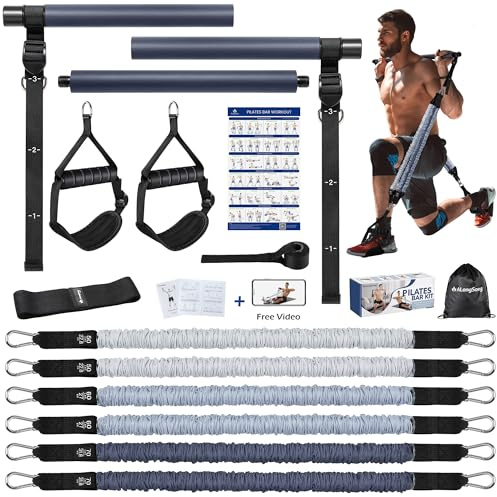 ALongSong Elastiques de Musculation Barre de Pilates avec 6 Bandes de Résistance Élastique 240LBS/360LBS Ancrage de Porte Réglable Amovible pour Fitness Yoga Étirement Squat