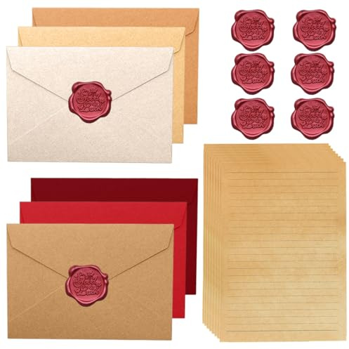 ZORVYN 20 Pezzi Set di Carta da Lettera Vintage con 6 Buste in Lino e Sigilli in Cera, Buste in Carta Kraft, per Compleanni, Inviti di Matrimonio, Biglietti di Auguri (A5)