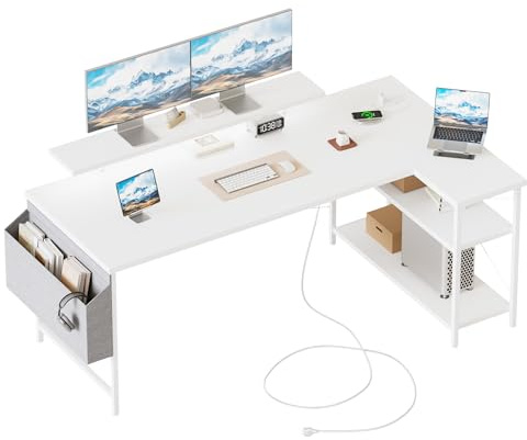 Mericonia Corner Desk, w. Monitorstand & Built-in Socket, 140x70cm, White | Reversible L-shaped desk w. Bag, Height-adjustable Shelf, with Power Outlets & Led, Gaming computer desk for home & office
