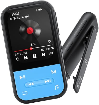 Lettore MP3 da 128 GB, clip MP3 con Bluetooth 5.3, lettore musicale portatile con radio FM, registratore vocale, contapassi, mini design ideale per sport, cuffie incluse, colore: blu
