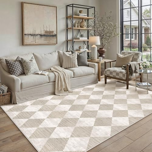PureCozy Alfombra Salon 160x230cm Beige Lavable Antideslizante Alfombras Moderno Geometría Rombo Carpet Dormitorio Infantil Habitacion Sala Grande Carpets Pelo Corto Rug