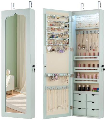 Multigot 5 LED Lights Jewellery Cabinet, Hanging or Wall Mounted Ornament Armoire, Full Length Mirror Lockable Makeup Storage Organizer (Green)