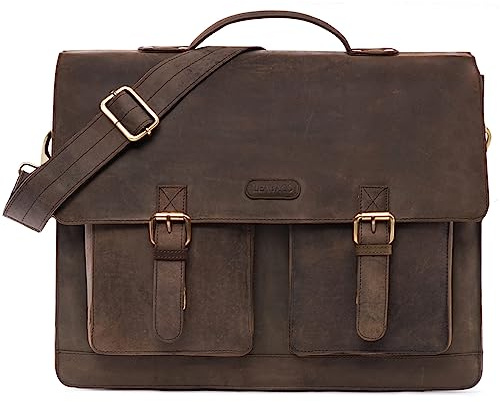 LEABAGS Leder Aktentasche Herren & Damen I Echtleder Laptoptasche bis 15 Zoll I Umhängetasche mit Schultergurt I Schultertasche I Messenger Bag I Arbeitstasche I Lehrertasche I Nature Dunkelbraun