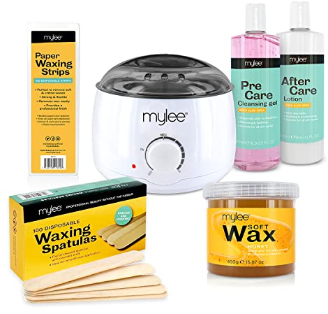 Mylee Complete Waxing Kit, Includes Salon Quality Wax Heater, Soft Cream Wax, Waxing Strips, Spatulas and Mylee Pre & After Care Lotion (Honey)