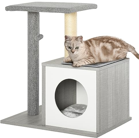 PawHut Holz Kratzbaum Katzenbaum Kletterbaum für Katzen, Kätzchen Möbel mit Katzenhöhle, Spielhaus, Katzenspielzeug und Plüschkissen Grau&Weiß 59x39x62 cm