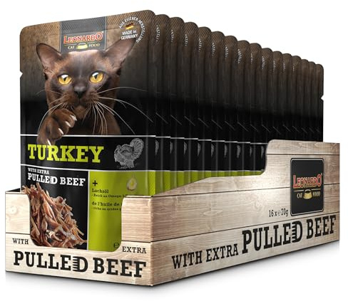 Leonardo Sachets [16 x 70 g Dinde avec Extra de bœuf ] Pulled Beef | Aliment Humide sans céréales pour Chats | Aliment Complet pour Chats