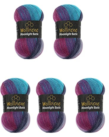 Wollbiene Moonlight Batik Strickwolle 500g zum Stricken und Häkeln - 20% Wolle, Türkische Farbverlaufswolle (5960 Beere Lila Türkis)