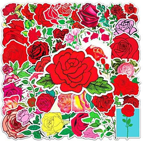 50 Stück Rosen Stickers Niedliche Trendy Blume Aufkleber für Wasserflasche Laptop Skateboard Scrapbooking Handy Auto Fahrrad Gepäck, wasserdichte Vinyl Aufkleber für Teenager Kinder Erwachsene
