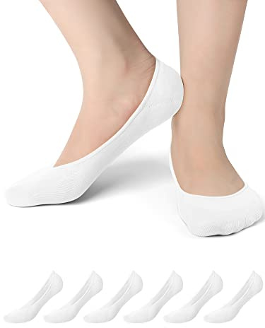 Kordear No Show Socks for Women - 6 Pairs Non Slip Invisible Women, Cotton Ultra Low Cut Liner Ladies Trainer Sneaker Shoe Liners Loafer Flats Boat Shoes UK Size 5.5 to 8 (White)