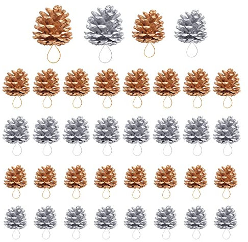 Bekecidi 36 Stück Weihnachten Tannenzapfen Natürliche Mini Tannenzapfen Weihnachten Schnee Tannenzapfen Ornamente für Heimdekoration, Herbst und Weihnachten Handwerk (Gold + Silber)