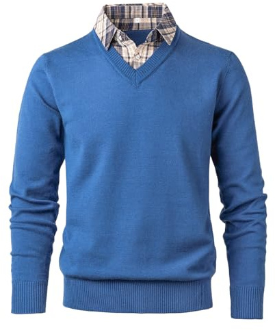 Btmpmcs Chemise Pull Homme 2 en 1 Manches Longues Pull Tricoté avec Col en V Slim Fit Simple Casual Cardigan Sweat-shirt Pull d'hiver Pull avec col de chemise Mock, bleu, XXL