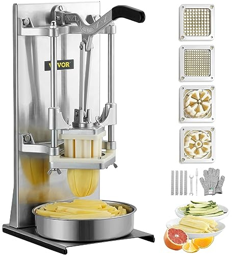 VEVOR Cortador Manual Profesional para Patatas Fritas y Verduras, 4 Cuchillas de Acero Inoxidable 6,4/9,5 mm, Cortador de 6 Cuartos y Manzanas